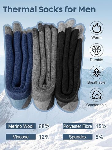 Merino Wool Hiking Socks for Men, Warm Thermal Crew Socks W/Cushion Moisture Wicking for Trekking Work Outdoor, 3 Pairs in Saudi Arabia