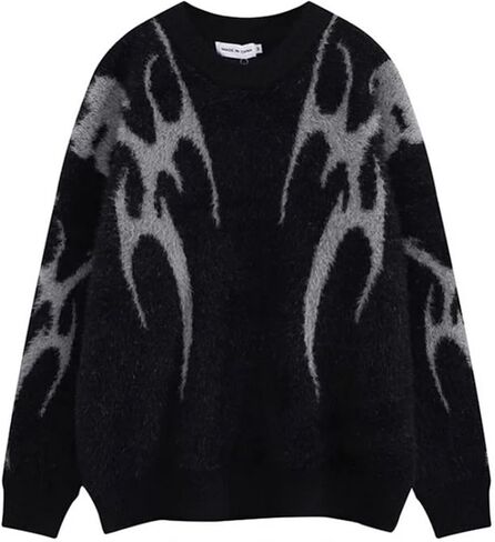 Yimoon Mens Oversized Sweaters Y2K Aesthetic Flame Graphic Crewneck Sweatershirts Knitted Casual Pullover Jumpers in Saudi Arabia