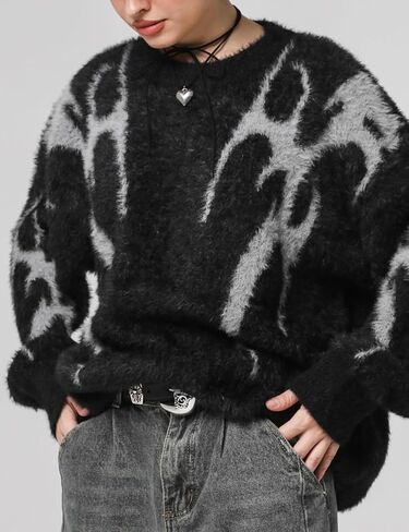 Yimoon Mens Oversized Sweaters Y2K Aesthetic Flame Graphic Crewneck Sweatershirts Knitted Casual Pullover Jumpers in Saudi Arabia