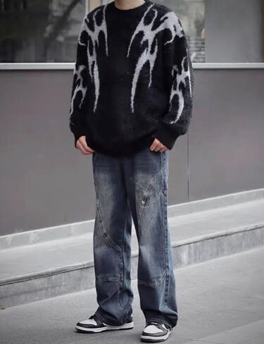 Yimoon Mens Oversized Sweaters Y2K Aesthetic Flame Graphic Crewneck Sweatershirts Knitted Casual Pullover Jumpers in Saudi Arabia