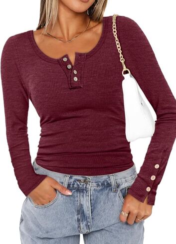 ATHMILE Women's Long Sleeve Shirts Casual Fall Henley Top Button Down Blouses Basic Ribbed Knit T Shirts 2024 in Kuwait