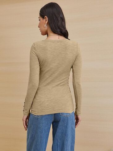 ATHMILE Women's Long Sleeve Shirts Casual Fall Henley Top Button Down Blouses Basic Ribbed Knit T Shirts 2024 in Kuwait