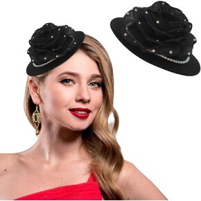 Bohend Fascinator Hat Flower Black Vintage Derby Hat Tea Party Wedding Hair Accessories with Rhinestone for Women and Girls