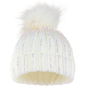 Baby Girls Boys Winter Rhinestone Beanie Hat Crochet Knitted with Faux Fur Pom Pom Knit Skull Cap