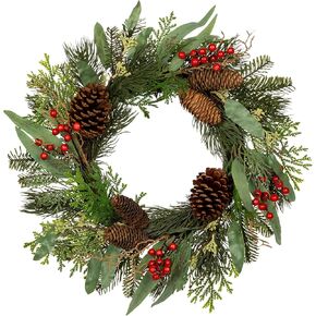 20 Inch Christmas Wreath, Christmas Wreath for Front Door Christmas Winter Wreath with Red Berries Pine Cone Eucalyptus Cedar Leaves Artificial Wreath Xmas Decorations for Indoor Outdoor Wall Decor