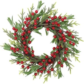 SHACOS Artificial Christmas Wreath 14" Small Winter Wreaths with Red Berries Mini Christmas Wreaths Xmas Decoration for Home Window Door Holiday, Green