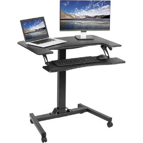 VIVO Black Pneumatic Mobile 36 inch Height Adjustable Two Platform Standing Desk with Wheels, Dual Tiered Rolling Small Space Workstation, DESK-V111GT