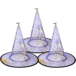 Needzo Halloween Purple Witch Hat, Gold Toned Spider Design, Costume Accessory for Women, 14.62 inches Pack of 3