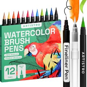 ARTISTRO 100 Watercolor Markers with Brush Pens, Fineliner Pen, Watercolor Brush, & Portable Fabric Bag - Consistent, Smooth, Washable, Non-Toxic - Ideal for Coloring, Calligraphy, & Manga