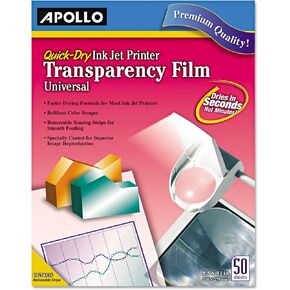 Apollo Transparency Film for Inkjet Printers, Universal, Quick Dry, 50 Sheets/Pack (VCG7033S), Clear