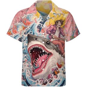 Mens Hawaiian Shark Shirts Short Sleeve Button Up Beach Summer Button Down Hawaiian Trippy Shirt for Men Women