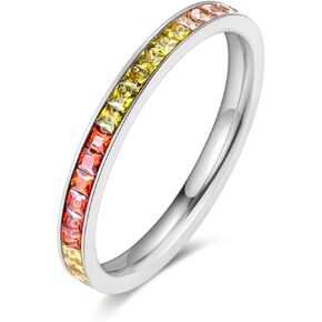 Eternity Rainbow Full Round Wedding Band for Women, 14K Gold Plated Titanium Non Tarnish Bands with Colorful Cubic Zirconia, Multi-Gemstone Rings, Stackable Fashion Ring