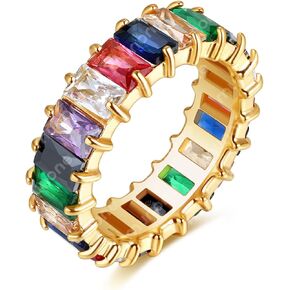 6mm Rainbow Eternity Full Round Cubic Zirconia Wedding Band for Women, 14K Gold Plated Titanium Non Tarnish Emerald-Cut Multi Color Gemstone Ring