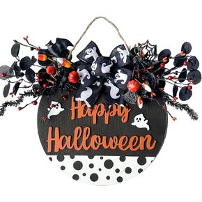 Idyllic 14" Halloween Door Sign Decorations - Cute Ghost Wreaths for Front Door, Halloween Door Wreath, Halloween Hangers, Halloween Door Decorations, Halloween Front Door Decor