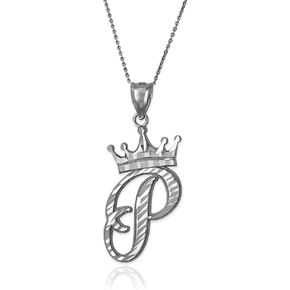 Sterling Silver Letter 'P' Initial Cursive Crown DC Pendant Necklace