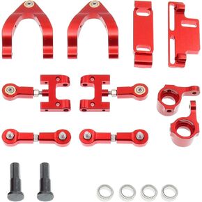Aluminum Upper and Lower Swing Arm & Wheel Hex Adapter & Steering Block & Swing Arm Mount & Steering Cup w/Bearing Set Compatible with 1/10 WPL D12 RC Car Upgrades Parts(Red)