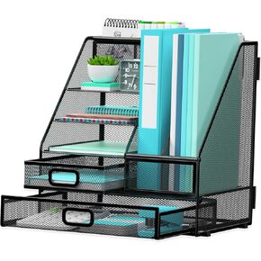 Desk File Organizer, 5-Tier Paper Letter Tray Organizer with 2 Drawer and Pen Holder, Mesh Desktop Organizer with Magazine Holder, Paper Organizer for Office, School, Home, Black