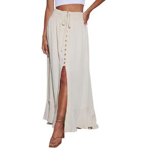 Minclouse Women's Elastic Tie Waist Button Down Maxi Skirts Casual Loose Flowy Swing Slit Front Dress