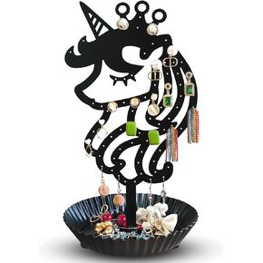 Unicorn Earring Holder Organizer Decor Stud Earrings Tree 81 Holes,Jewelry Earring Display,Metal Earring Storage Stand with Tray Gift for Teens Girls Kids Women (Black)