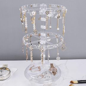 Acrylic Jewelry Stand Rotating Necklace Organizer, Clear 2-Tier Adjustable Necklace Holder with 48 Hooks, Bangles Necklaces Rings Earrings Spinning Display Stand Tree Tower for Women Girl White