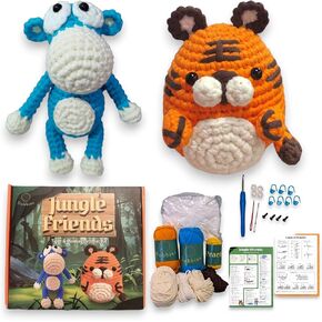 DOBBINS Premium DIY Animal Crochet Kit for Beginners- Tiger & Monkey Jungle Friends, Step-by-Step Video tutorials - Easy Instructions- All Materials Included! Kids, Adults, Great Gift!