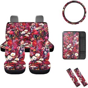 Mumeson Mushrooms Car Front Seat and Rear Bench Covers Car Seat Covers Set with 15 Inches Steering Wheel Cover Shoulder Cushion 15 Inches Steering Wheel Covers Armrest Cushion Pad