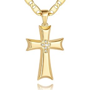 Cross Necklace Gold Cross Necklaces for Women CZ 14K Gold Cross Pendant Mariner Gold Cross Chain Ribbon-Edge 48cm Necklace Cross Jewelry for Women 24mm
