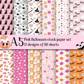 60 Sheets Pink Halloween Scrapbook Paper, A5 Size Assorted Pink Ghost Boo Candy Bat Spider Patterns Art Craft Paper for Halloween Birthday Party Supplies