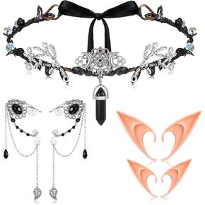 Janinka 7 Pieces Halloween Elf Cosplay Set includes Forest Tiara Fairy Headband Elf Ear Cuffs Elf Ears for Woman Costume