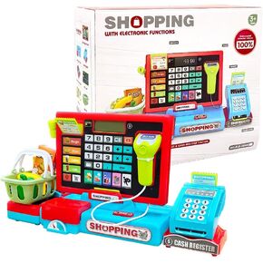 Kids Cash Register Toy Playset with Real Calculator, Checkout Scanner, Weighter, Credit Card, Play Money, Conveyor, Food Toys, Toddler Pretend Play Store, Grocery Shopping Toys for Kids