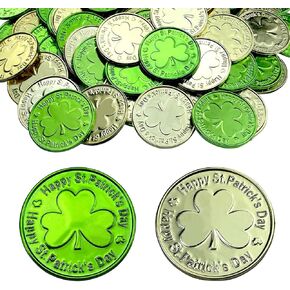 100 Pieces St. Patrick's Day Shamrock Coin 3-Leaf Clover Leprechaun Coin Plastic Green and Gold Lucky Coin Fake Coins Pocket Token for Saint Patrick’s Day Table Decorations & Party Favors