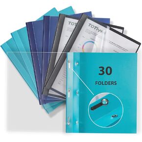 TOTiyea 30 Pack Clear Front Report Covers with 3-Prong Fasteners, Heavyduty 3 Prong Presentation Binder, 100 Sheet Capacity Clear Front Poly Report Cover, 3 Assorted Color, Letter Size