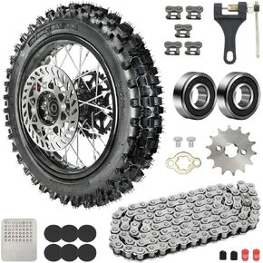 80/100-12 3.00-12 Dirt Bike Rear Tire Rim Wheel for 110cc 125cc SSR SR125 CRF110F CRF70 KLX110 KX65 PW80 TTR110 TTR90 YZ60 RM65 JR80 DS80 DR70 DB14 QG214 with Brake Rotor 428 41T Chain Sprocket