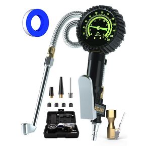 AZUNO Heavy Duty Tire Pressure Gauge, Tire Inflator Gauge 230PSI Air Chuck Air Compressor Attachments, with Steel Braided Hose, Large 2.6" Glow Dial & Quick Connect Coupler, for Truck/Car/SUV/RV/Bike
