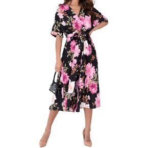 Jumpsuits for Women Floral Printed V Neck Short Sleeve Belted Wide Leg Pants Dressy One Piece Casual Romper