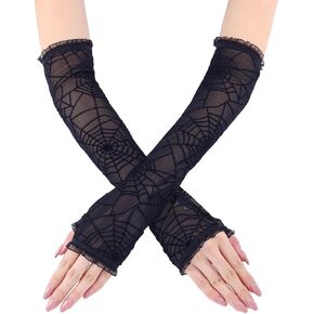 Campsis Long Lace Gloves Black Fingerless Gloves Spider Wed Lace Gloves Gothic Arm Sleeves Halloween Party Costume Dress Accessories for Women and Lady