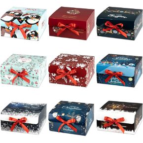 ARTLYMERS Christmas Gift Boxes with Lids, 9 Pack Gift Boxes and Red Ribbon Christmas Themed Pattern Small Gift Boxes for Christmas Presents Gifts Easy Assemble