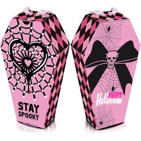 HOMEZZO 24 Pcs Pink Spider Web Coffin Boxes, Spooky Goth Black Conquette Halloween Coffin Paper Candy Treat Gift Boxes for Halloween Party Decorations