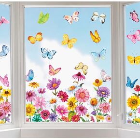 Whaline 6 Sheets Spring Summer Window Clings Colorful Daisy Flower Butterfly Window Decals Double-Sided Floral Window Decor for Glass Shop Display Home School Office Supplies