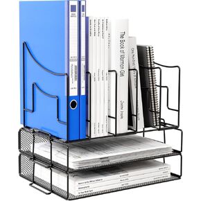 Desk Organizer, Stackable Letter Tray with 5 Section Vertical File Organizer, Mesh Desktop File Sorter for A4/A5 Paper/Document/Magazine/Mail/Bill, Black