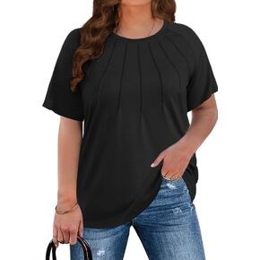 CARRROTMOB Plus Size Blouses for Women Pleated Casual Short Sleeve Round Neck Shirts Dressy Loose Summer Tops