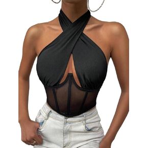 Women's Mesh Transparent Tops With Neck Tie Show Waist Strapless Tank Bustier Tight Corset Tops
