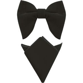 Men's Velvet Pre-Tied Bow Tie Solid Color Pocket Square Set for Business Formal