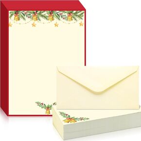 160 Pcs Christmas Stationery Paper Antique Bells Letterhead and Envelopes 80 Christmas Bells Letter Paper 80 Bells Holiday Envelopes for Notes Greeting Cards Invitation Office Writing