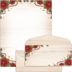 50 Pcs Candy Canes Poinsettias & Pine Letterhead with Envelopes Christmas Border Computer Paper Stationery paper for Note Letters to Santa Invitations Office School Printing 8.5 x 11 In