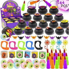144 PCS Halloween Party Favors for Kids, 18 Pack Prefilled Small Plastic Witch Cauldron Halloween Toys in Bulk for Halloween Party School Classroom Prizes Trick or Treats Gifts