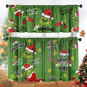 Christmas Valance ​Holiday Kitchen Curtain 3 Pcs Panel Set 52'' Lx18'' W and 36'' Lx26'' Wx2 Kitchen Decoration Green