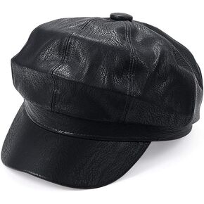 HomeSoGood Women .boy Hat, Pu Leather Visor Beret Hat Octagonal Peaked Cap Black