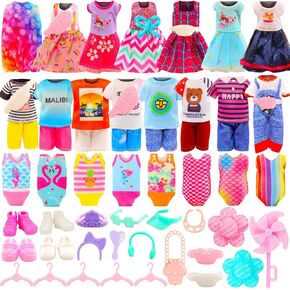34 Pack for 5.3 Inch Dolls Clothes & Accessories Including 4 Dresses, 4 Tops, 4 Pants, 4 Swimsuits, 4 Shoes, 2 Pockets, 2 Hats, 5 Hangers with 9 Accessories for 5.3 - 6 Inch Dolls Clothing Set