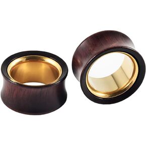 2PCS Hollow Gold Stainless Steel/Sandalwood Two Tone Ear Tunnels Plugs Double Flared Expander Ear Gauges Stretched Piercing Body Jewelry